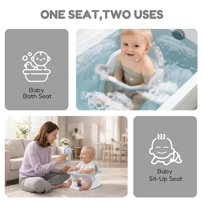 Baby Bath Seat for Babies 6 Months & Up Sitting Up | 360° Stable Toddler Bath Chair with One-Touch Button | Baby Bath Tub Seat with Suction Cups | Open Design, Compact, Detachable, Non-Slip(Grey)
