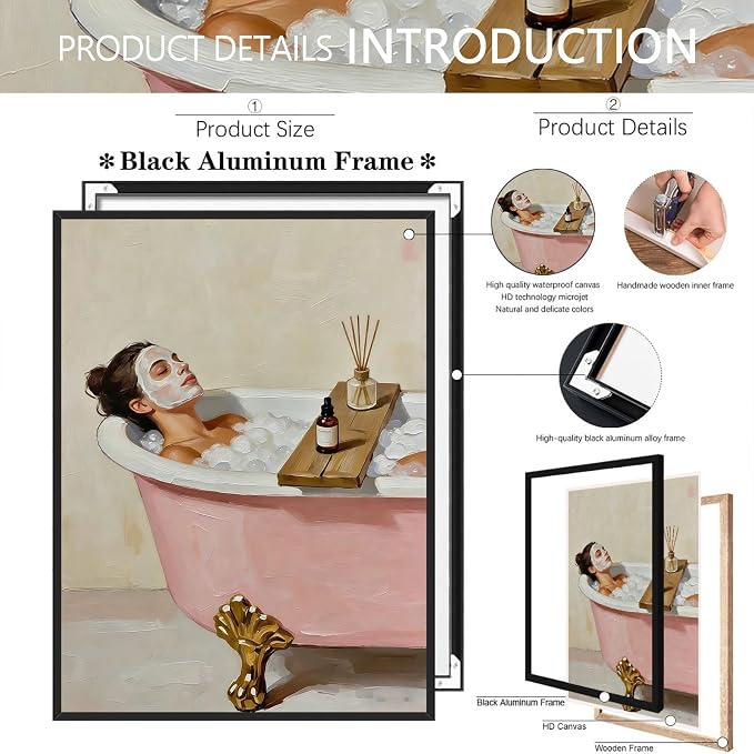 Relaxing Spa Bath Wall Art Woman with Face Mask in Pink Clawfoot Tub Poster Modern Bathroom Oil Painting Print Aesthetic Wall Decor for Powder Room Apartment 16X24 in Wrapped Framed