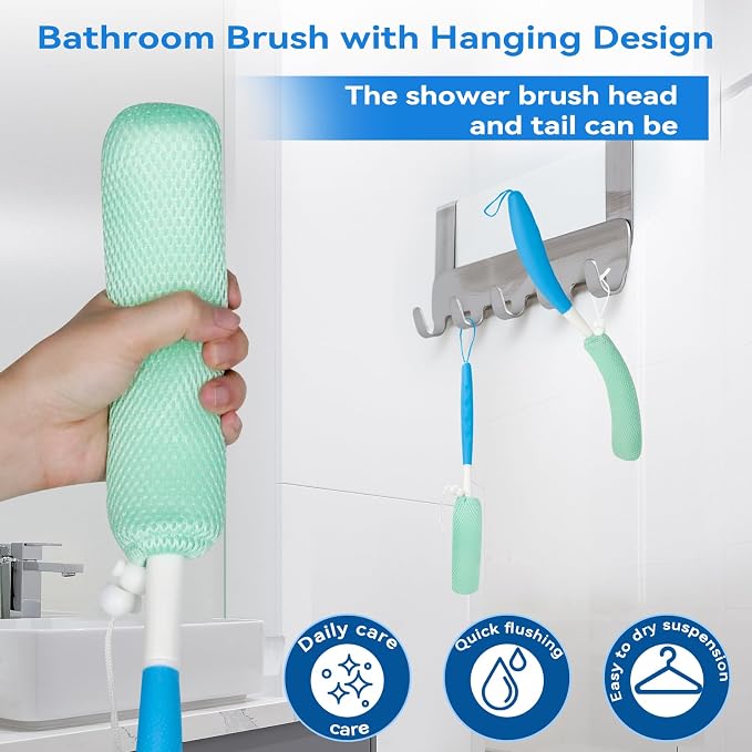 KkaFFeKkaFFe Shower Back Brush With Long Handle, 15.35" Body Brush, Back Scrubber for Men Women, Handled Sponge Body Exfoliator, Loofah Scrubber for Aid Bathing