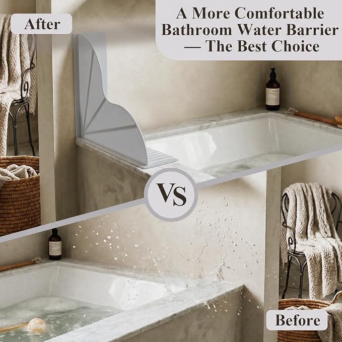 2-Pack Gray All-Silicone Bathtub Splash Guards. | No-Glue Corner Water Stopper with Secure Suction Cups, Easy On/Off Bath Tub Leak Proof Barrier for Walk-in Showers.