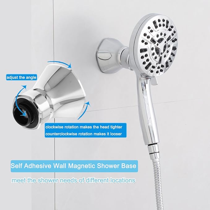 High Pressure Shower Head with Magnetic Back Fixed Base Design,Handheld Showerhead with Hose Set Stainless Steel 59 inches/5 ft 10-Setting 5 inches Large Face,Chrome Finish (Dual Magnetic)