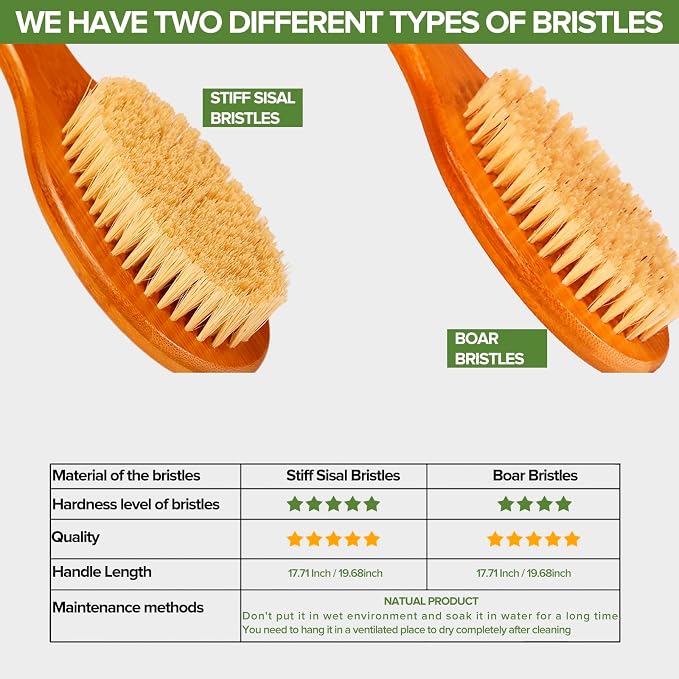 ICANdOIT-17.71Inch Natural Stiff Sisal Bristles Anti-Slip Long Handle Bath Brush,Bent Handle Shower Scrubber for Exfoliating,Shower Back Brush,Exfoliation Set with Pumice Stone(1 Pack)
