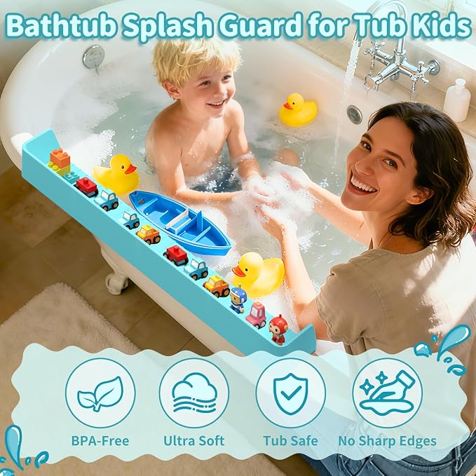 Bathtub Splash Guard for Tub Kids, 31” Longer Silicone Water Splash Guard for Bathtub,Play Shelf for Bathing with 11 Strong Suction Cups,Prevents Water Spills in Bathroom (Blue)