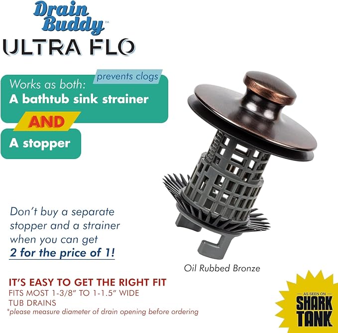 Drain Buddy Ultra Flo No Installation 2 in 1 Clog Preventing Tub Drain Stopper and Hair Catcher for 1 3/8" to 1.5" Bathtubs and Utility Sinks Oil Rubbed Bronze Metal Cap