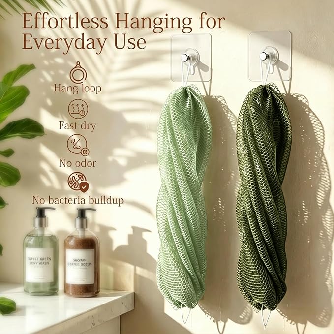 SheeChung African Net Sponge Authentic, Long Exfoliating Wash Cloths Shower Loofah Bath Sponge, 2 Pack Body & Back Scrubber for Women and Men (Sage Green & Olive Green)