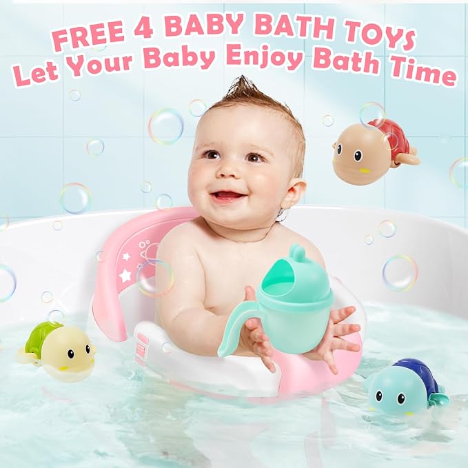 Baby Bath Seat 6M+, Non-Slip Cushion, CPSC Certified, 5-Pc Set, Pink | BPA-free PP+TPR, easy-release handle, ergonomic backrest, lightweight & portable, available in pink