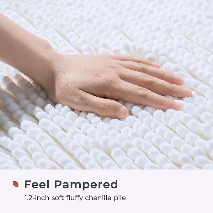 FRESHMINT Chenille Bathroom Rugs Mat 24"x17", Non-Slip Bath Mat for Bathroom Floor, Washable Soft Thick Water Absorbent Microfiber Shower Mat, White