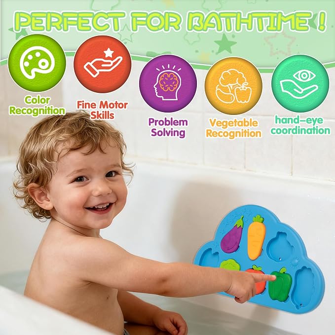 DQMOON Stick, Match & Learn Toddler Bath Toys | Suction Cup Silicone Veggies Puzzle | Montessori Sensory Matching Baby Bath Toys | Educational Bathtub Toys for Toddlers 1-3 | Gifts for Boys Girls