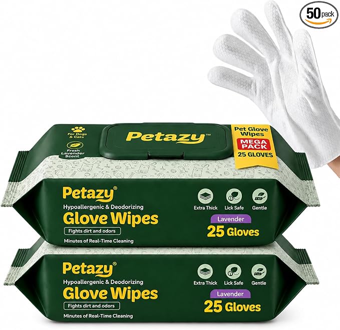 Petazy Pet Glove Wipes for Dogs & Cats – Hypoallergenic Thick Cleaning Gloves with Aloe & Coconut Oil for Paws, Face, Ears & Butt, Instant No Rinse Grooming Wipes to Deodorize and Hydrate, 50 Pack