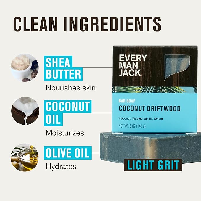 Every Man Jack Cold Processed Mens Bar Soap - Coconut + Driftwood Scent - Deeply Cleans & Hydrates with Shea Butter and Coconut Oil - (3 Pack)