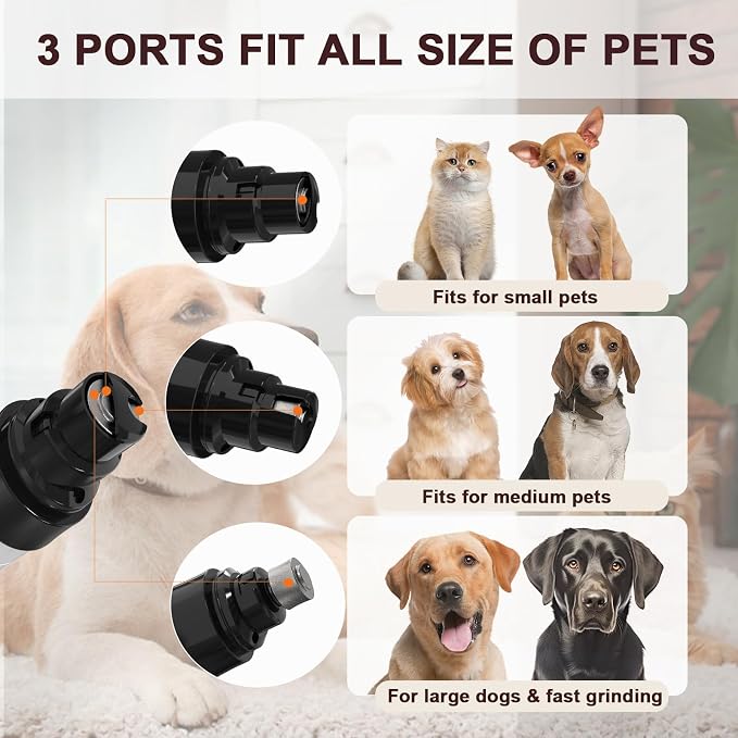 Upgraded Quiet Electric Dog Nail Grinder for Hard/Thick Pet Nails | Quiet and Low-Vibration Dog Nail Trimmers, 2-Speed, 3 Ports for Large Medium Small Pets, Safe & Stress Free Grooming Tool