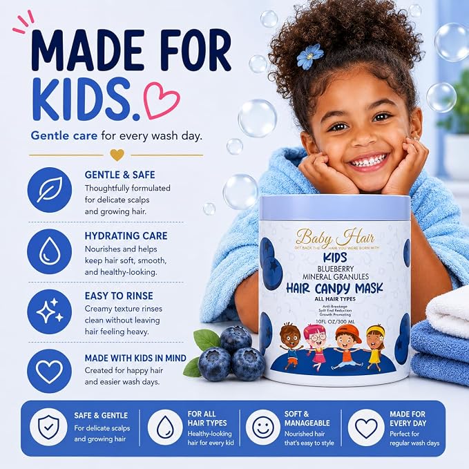 BABY HAIR Kids Blueberry Mineral Hair Candy Mask | Deep Conditioning Hair Mask for Kids | Moisturizes, Softens & Helps Detangle | Sulfate Free | 10 fl oz