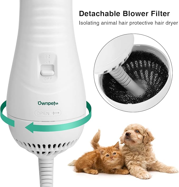 Ownpets Pet Hair Dryer, 2 in 1 Quiet Portable Pet Grooming Blower with Slicker Brush, Adjustable Temperature & Fast-Drying Towel, Home Pet Care for Dogs, Cats & Other Coated Breed