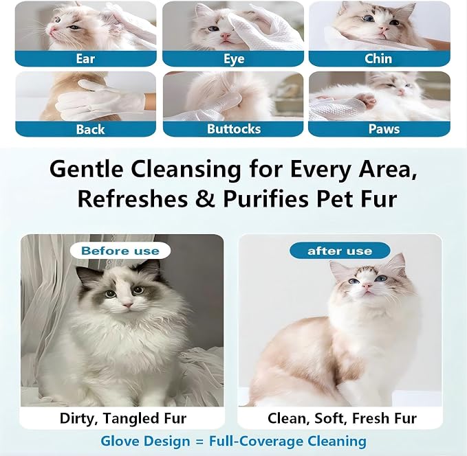 Pet Glove Wipes, No Rinse Deodorizing Mittens for Sphynx, Devon Rex, Cats & Dogs, Thickened Hypoallergenic with Aloe Vera, Unscented Full Body Grooming, Daily Care & Travel, 12 Count