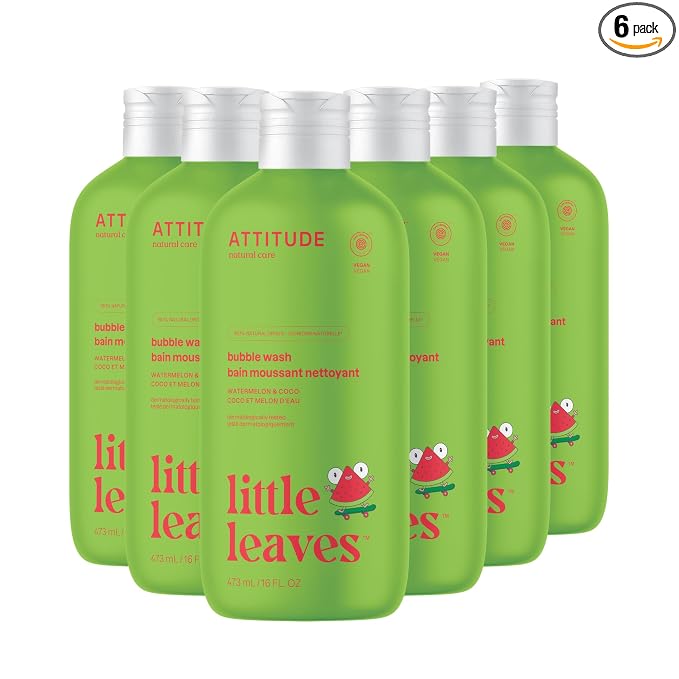 Attitude Bubble Wash for Kids, EWG Verified Bubble Bath, Hair Shampoo and Body Soap, Dermatologically Tested, Plant- and Mineral-Based, Vegan, Watermelon & Coco, 16 Fl Oz (Pack of 6)