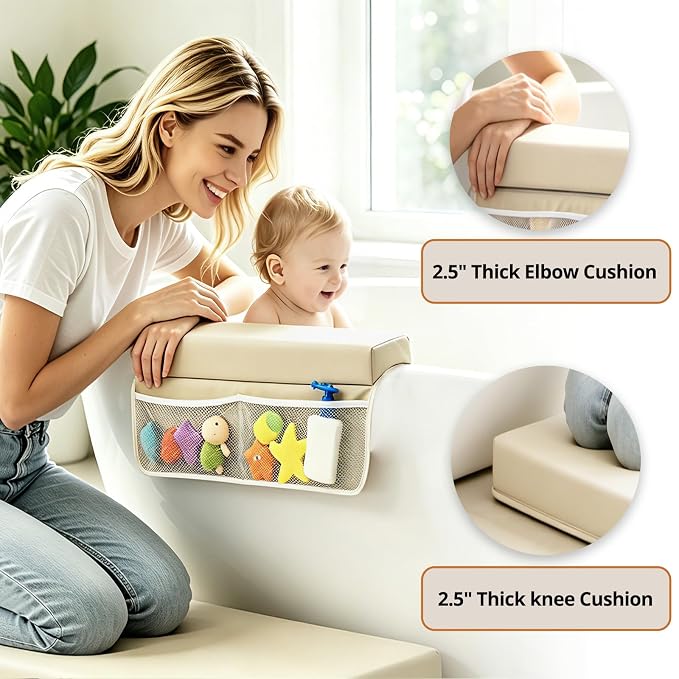Baby Waterproof Vegan Leather Bath Kneeler and Elbow Rest Pad Set | Thickened Non-Slip Memory Foam Knee & Arm Support Bathtub Mat with Toy Organizer for Infant Toddler Bathing