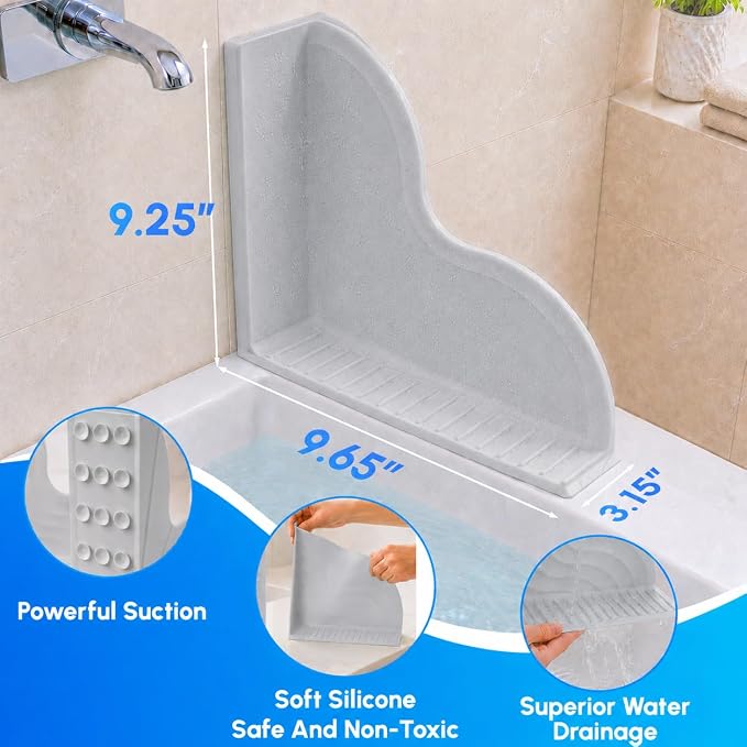 Vespara 2-Pack All-Silicone Shower Splash Guard Kit with Strong Suction Cups, Large Splash Guards for Bathtub, One-Piece Design Corner Guards to Keep Water in Shower or Bath (9.8x9.5inches) Grey