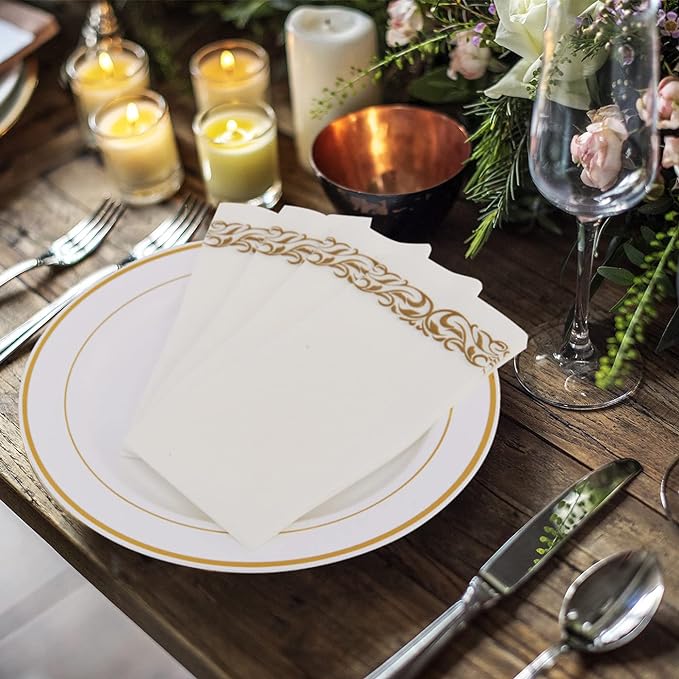 FOCUSLINE 200 Linen Feel Disposable Bathroom Napkins, Soft and Absorbent Paper Guest Towels, Cloth-Like Paper Hand Towels Decorative Napkins for Parties, Weddings, Dinners or Events, Gold, 12" x 17"