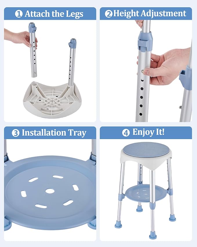 Shower Stools for Seniors, Small Shower Chair for Inside Narrow Tub, Height Adjustable Swivel Shower Chair with Storage Tray, 360° Rotating Narrow Shower Chair for Bathtub Small Tub, Blue