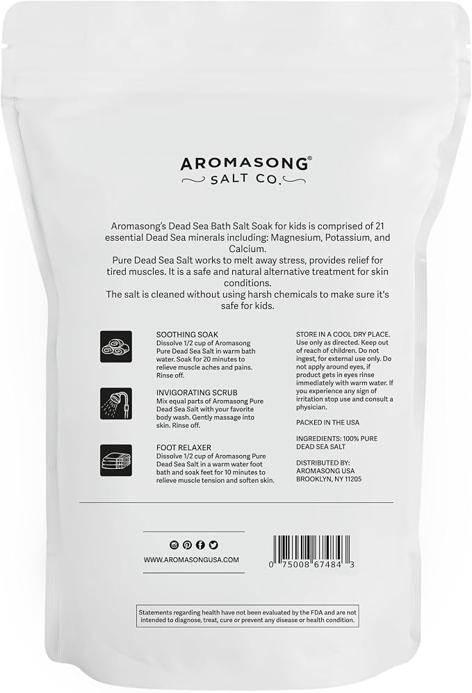 Aromasong Dead Sea Salt for Kids Bath Soak, 19 Lbs. Fine Grain Large Bulk resealable Pack, 100% Pure & Natural