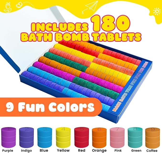Bath Bombs for Kids, Boys & Girls Teen Easter Basket Stuffers, 180 Mini Color Tablets in 9 Bright Colors for Creative Bathtub Art Bath Toys Fun Colorful Bath Scientific Experiment for Boys Girls 3-12