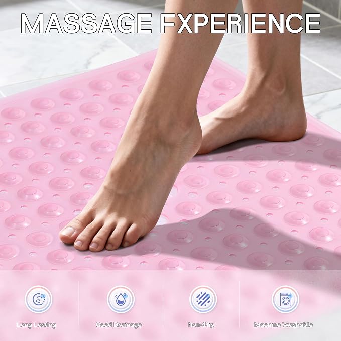 Anti-Slip Bathtub Shower mat, 21×21（ 53×53cm） inch Soft Oversized Machine Washable Non-Slip Bathtub mat with Drainage Holes, Bathroom Floor Suction Cup.（1-Clear Pink）