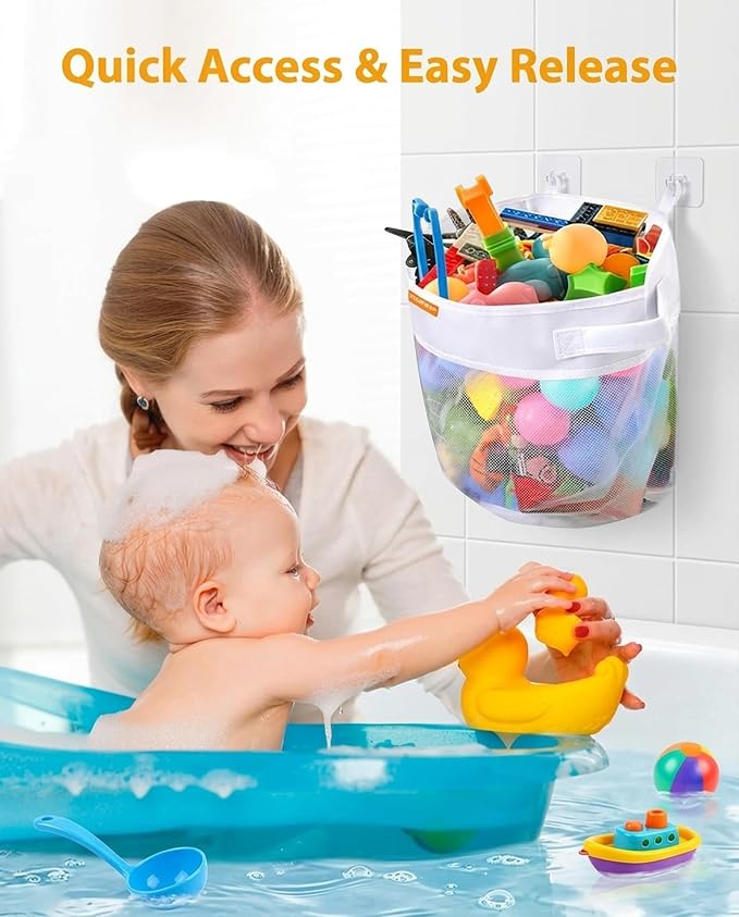 Bath Toy Organizer with Quick Release Zipper, Large Mesh Baby Bath Toy Storage Bag, Wall-Mounted Foldable Bathroom Organizer for Bathtub Toys, Fast Drying Holder with Adhesive Hooks
