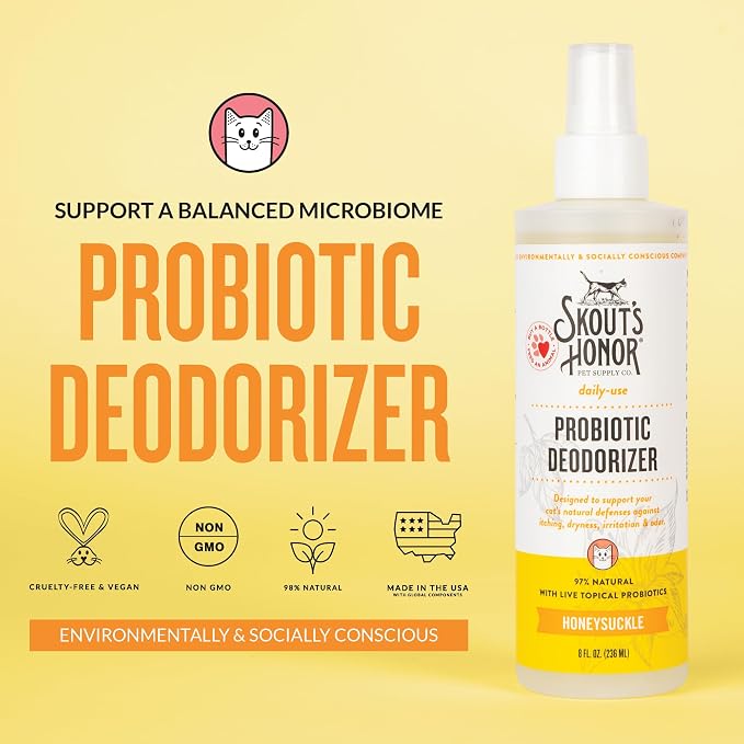 SKOUT'S HONOR Cat Probiotic Deodorizer Spray- Hydrating Daily-Use with Avocado Oil and Omega-3s, Paraben & Sulfate-Free, 97% Natural,Beyond Basic Grooming - 8oz, Honeysuckle