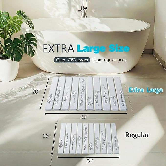 Large Stone Bath Mat - 32x20 Inch, Super Absorbent Diatomite Earth Extra Large Bath Mats for Bathroom, Quick Dry Non-Slip Foldable Stone Drying Mats for Kitchen & Bathtub (Light Gray Floral Decor)