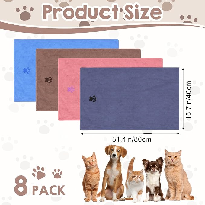8Pcs Dog Towels for Drying Dogs Cats, Bulk Microfiber Quick Drying Pet Towels, Colorful Pet Grooming Absorbent Towel, Paw Bath Bathing Supplies for Medium Pets (16 x 31 Inch)