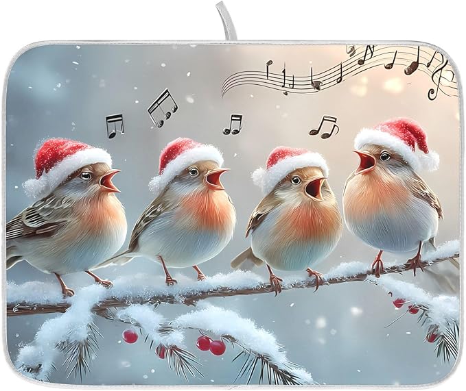 Christmas Birds Singing Dish Drying Mat, Absorbent Drainer Mats for Kitchen Counter Coffee Maker 18"x16"