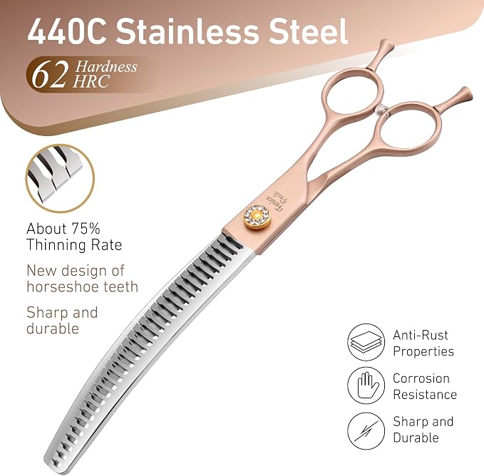 Professional Curved Chunker Dog Grooming Scissors 8.0'' Rose Gold Thinning Shears Extremely Sharp Blades 440C Stainless Steel Thinning Shears Durable Smooth Fine Cut for Dogs and Cats.