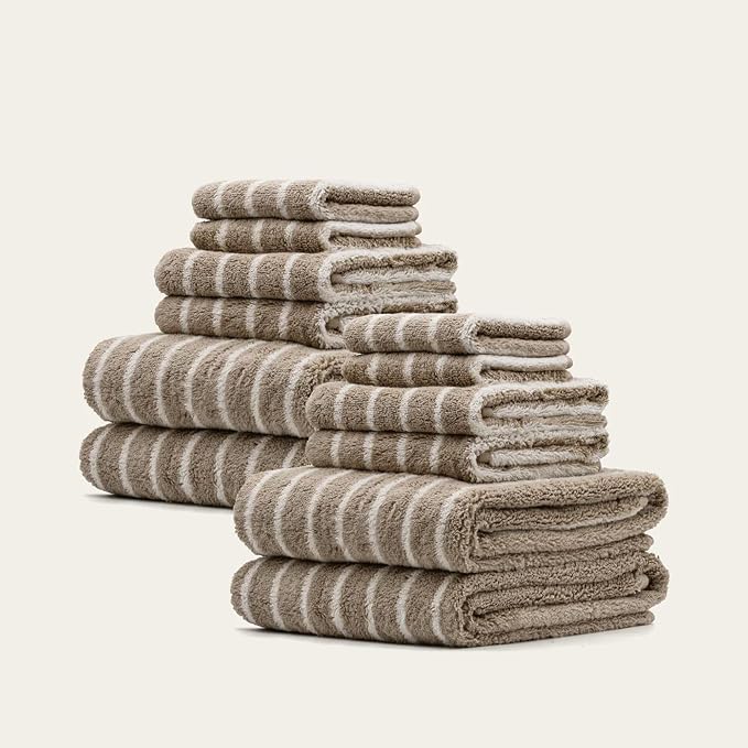 Italic Ultraplush 12-Piece Family Towel Set – Luxury Bath Towels, Hand Towels & Washcloths – Plush, Quick Dry, 800GSM 100% Australian Cotton for Bathroom & Spa - White & Blue (Tan & Ecru)