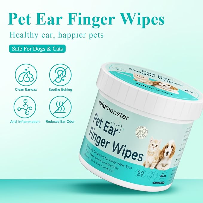 Dog & Cat Ear Cleaner Finger Wipes, Vet‑Recommended for Dog Ear Infection Relief, Itching & Inflammation, Remove Wax Dirt, Stop Smelly, Non‑Irritating, 50ct (Coconut Scent)