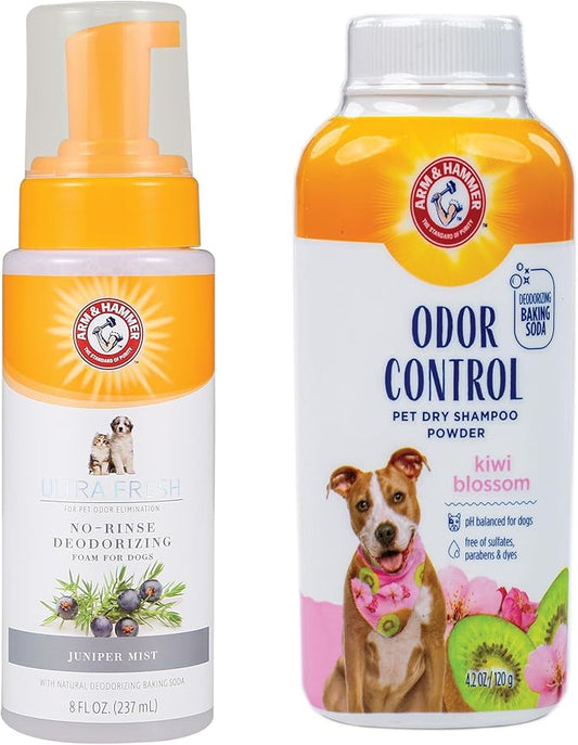 Arm & Hammer Ultra Fresh Dog Deodorizing Foam, 8 Fl Oz & Odor Control Dry Shampoo Powder, 4.2 Oz – Waterless Dog Shampoo Bundle for Smelly Dogs, Juniper Mist & Kiwi Blossom Scents