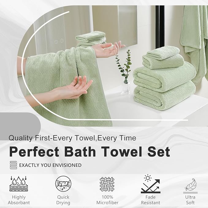 8 Piece Bath Towel Set Green|2 Oversized Large Bath Sheet,2 Hand Towels,4 Washcloths| Ultra Soft Cozy Bath Towel Set for Bathroom Hotel Gym Spa,Highly Absorbent & Quick Dry Bathroom Towel Collections