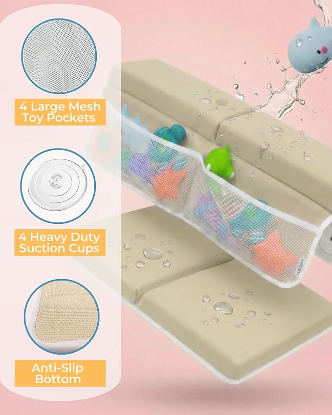 Comfortable Baby Bath Kneeler and Elbow Rest Pad Set – Thick Memory Foam Bath Kneeling Pad with Elbow Support – Baby Bathtub Cushion with Toy Organizer for Bathing Infant or Toddler - Beige