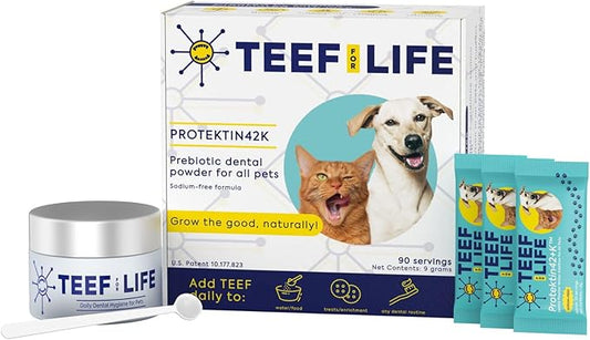 Teef For Life Protektin42+K Plant-Derived Daily Dental Care for All Pets (Sodium-Free), Prebiotic Dental Powder, Naturally Fights Plaque and Tartar, Kit with 90 Servings
