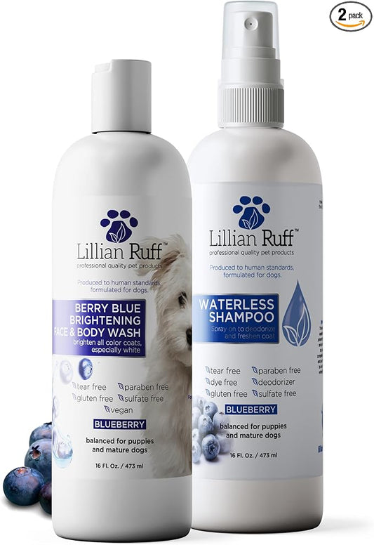 Lillian Ruff PRO Formula Berry Blue Brightening Dog Shampoo + Blueberry Waterless Dog Shampoo - Professional Whitening, Tear Stain Remover & No-Rinse Hydrating Odor Control, Aloe+Coconut Oil, USA Made