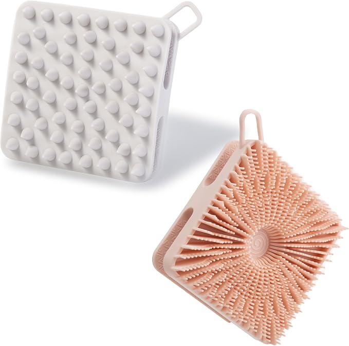 MtBoi 2 PC Silicone Exfoliating Body Scrubber, Body Shampoo Brush, Soft Silicone Loofah for Sensitive Skin, Shower Silicone Hair Scalp Massager, Easy to Clean, Lather Well(Gray&Pink)