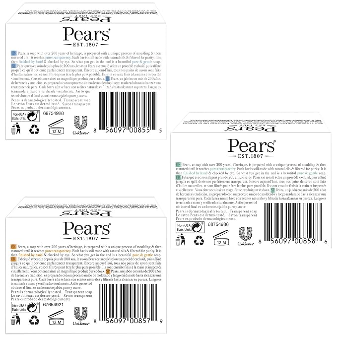 Pears Soap, Pure & Gentle Glycerin Soap Variety 3-Pack – Blue with Mint, Green with Lemon Flower Extract, and Amber with Natural Oils, 4.4 Oz Each