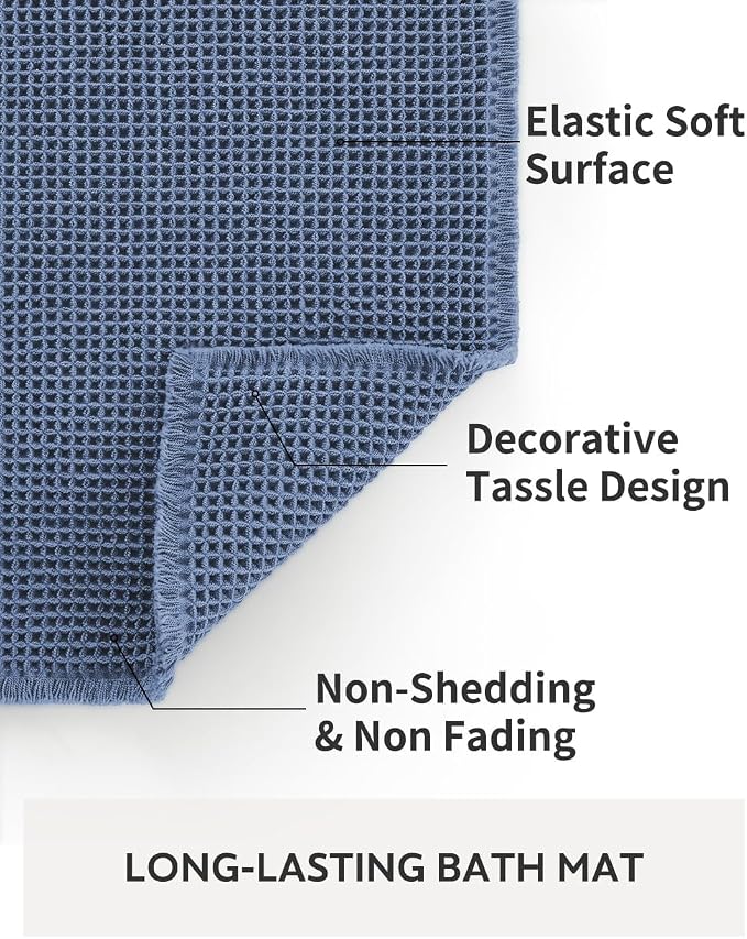 tchdio Waffle Bath Mat-Runner Rug, Super Absorbent Non Slip Bath Mats for Bathroom Machine Washable Long Rugs with Tassels, Bath Rugs for Bathroom Floor Beside Tub, 2' x 4'(24" x 48"), Blue