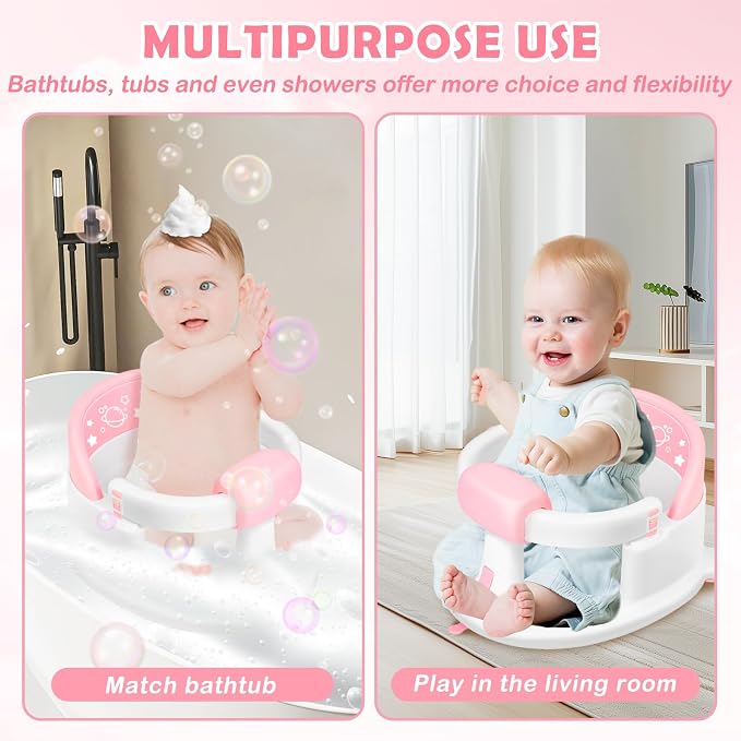 Baby Bath Seat 6M+, Non-Slip Cushion, CPSC Certified, 5-Pc Set, Pink | BPA-free PP+TPR, easy-release handle, ergonomic backrest, lightweight & portable, available in pink