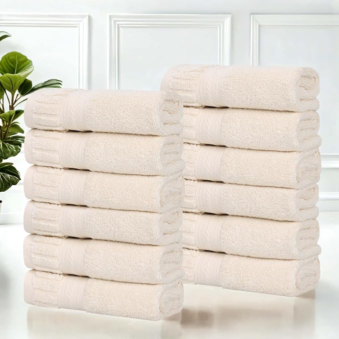 Superior Venice Zero Twist Cotton Medium Weight Small Towels, for Kitchen, Bathroom, Shower, Spa, Plush Essentials, Ribbed Textured Border, Face Towels Washcloths, Set of 12, Ivory