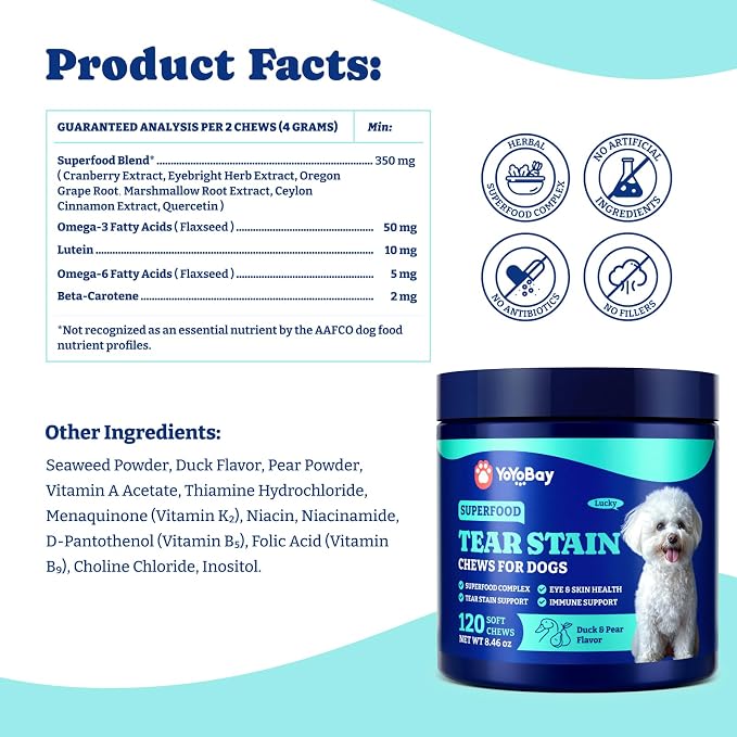 Tear Stain Support Soft Chews for Dogs – for Eye Health, Vision & Immune Support, Tear Stain Relief - Superfood Blend with Lutein & Omega-3, Vet-Formulated – 120 Count, Duck & Pear Flavor