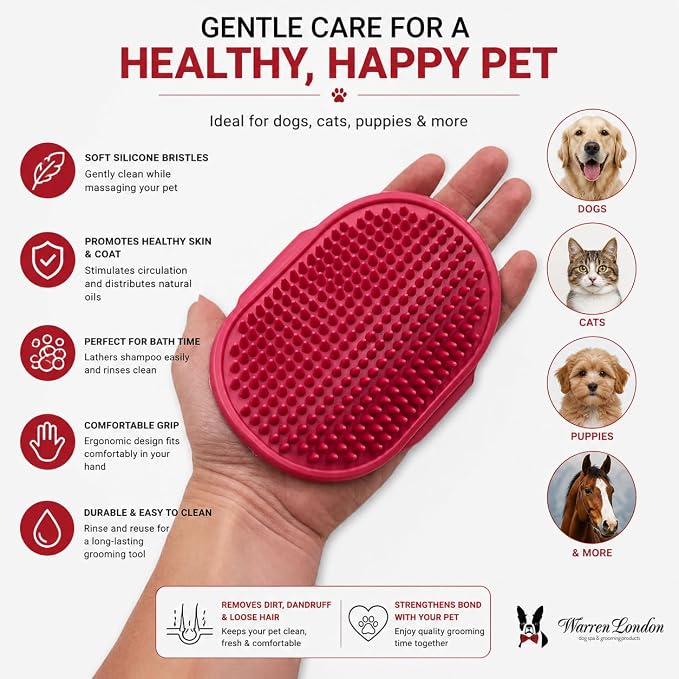 Warren London 2-in-1 Bath & Groom Brush for Dogs & Cats – Red Silicone Scrubber & Applicator for Shampoo, Hydrating Butter or Leave-In Conditioner – Gentle Massaging Grip