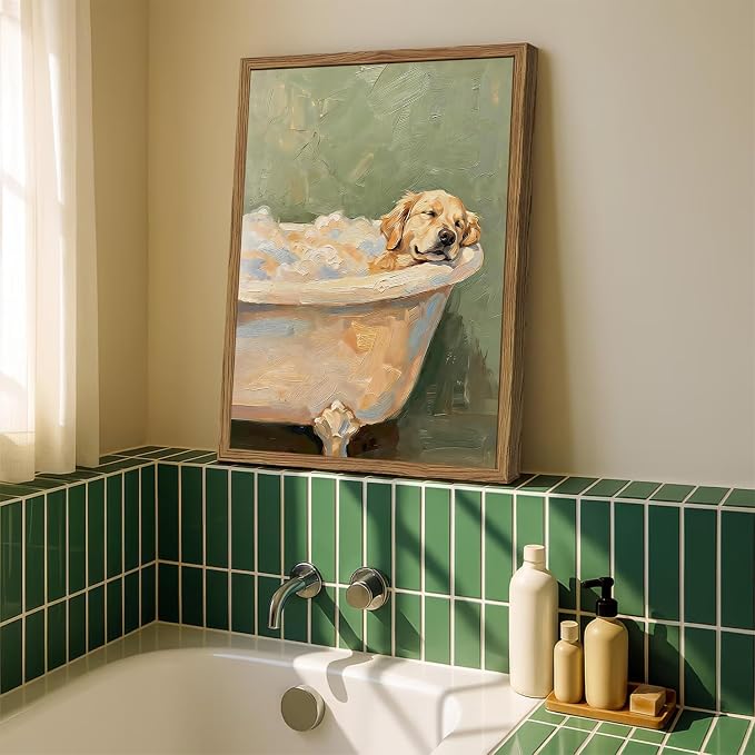 Funny Dog Bathroom Wall Art Cute Golden Retriever in Bathtub Wall Decor Picture Whimsical Bathroom Dog Poster Canvas Painting Print 12x16 inch Wood Framed