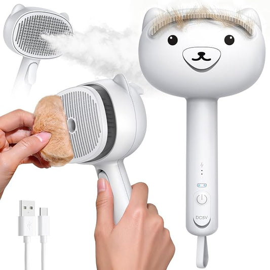 Self Cleaning Shedding Steam Cat Brush, Silicone Scraper Included Dog Brush, primecat, Cat Brushes for Shedding, USB Rechargeable, for Grooming & Haired Pets, Dogs & Cats, White