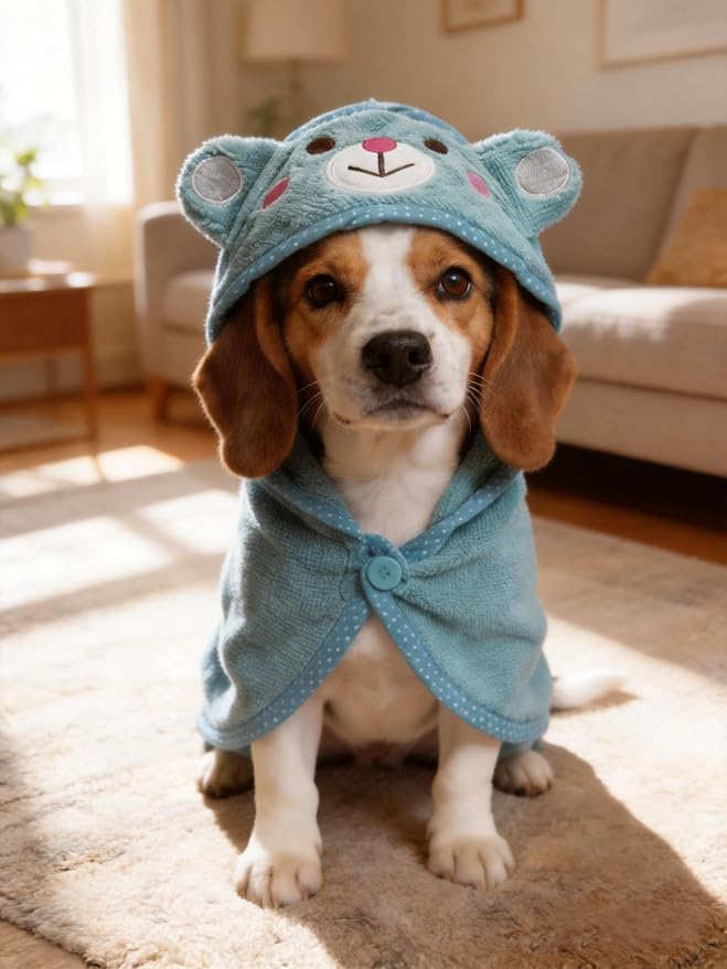 Dog Hooded Bathrobe Towel Fast Drying Absorbent Bath Warm Blanket | Blue L