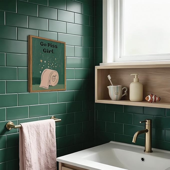Funny Girl Bathroom Wall Art Go Piss Girl Toilet Paper Sign Wall Decor Picture Trendy Retro Moody Green Quote Restroom Poster Canvas Painting Prints 12x16 inch Wood Framed